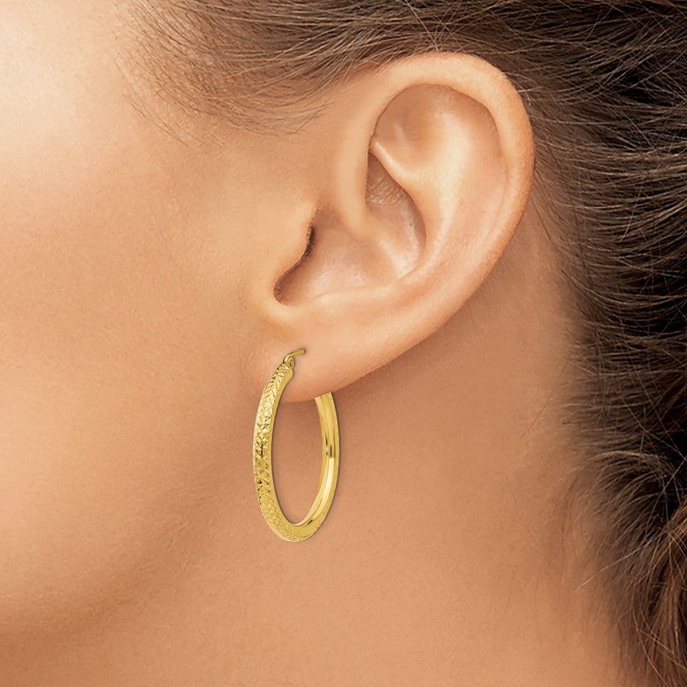 14K Yellow Gold Diamond-Cut 3mm Round Hoop Earrings