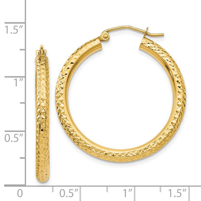 14K Yellow Gold Diamond-Cut 3mm Round Hoop Earrings