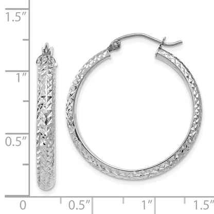 14K White Gold Diamond-Cut 3.5X28mm Hollow Hoop Earrings