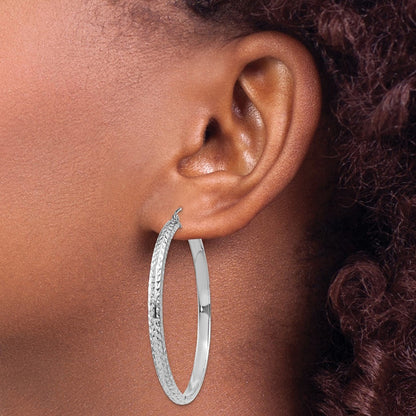 14K White Gold Diamond-Cut 3.5X46mm Hollow Hoop Earrings