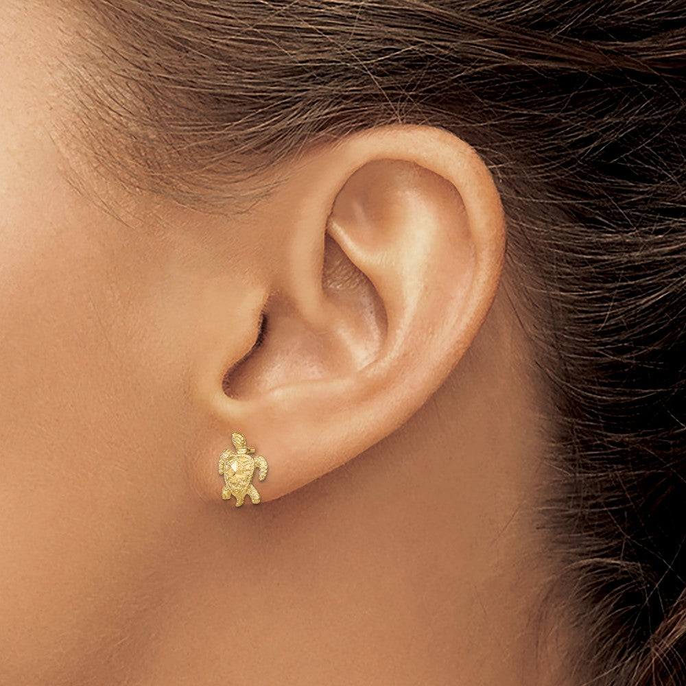 14K Yellow Gold Polished Diamond-Cut Sea Turtle Post Earrings