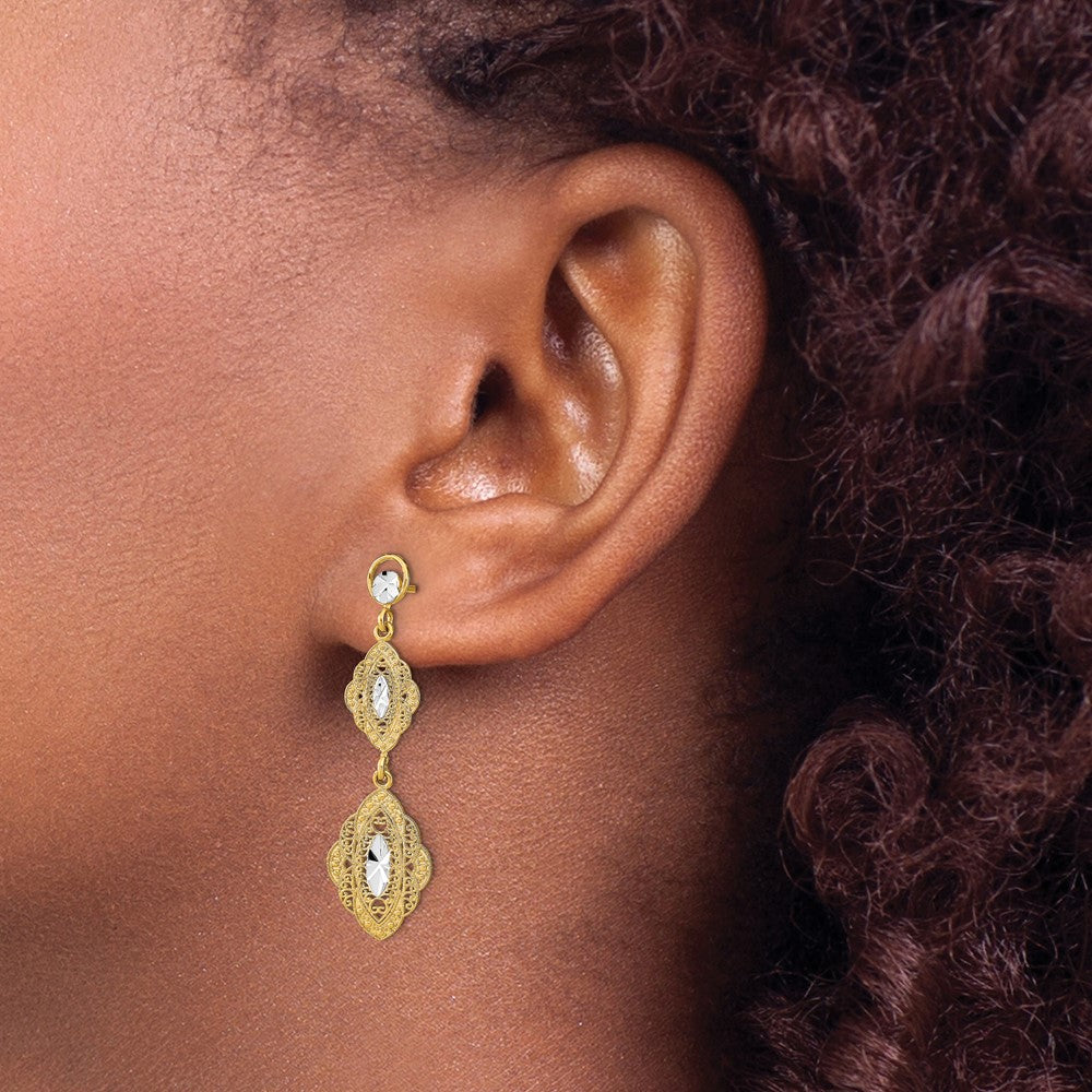 14K Yellow & Rhodium W/Rhodium Oval Filigree D/C Post Dangle Earrings
