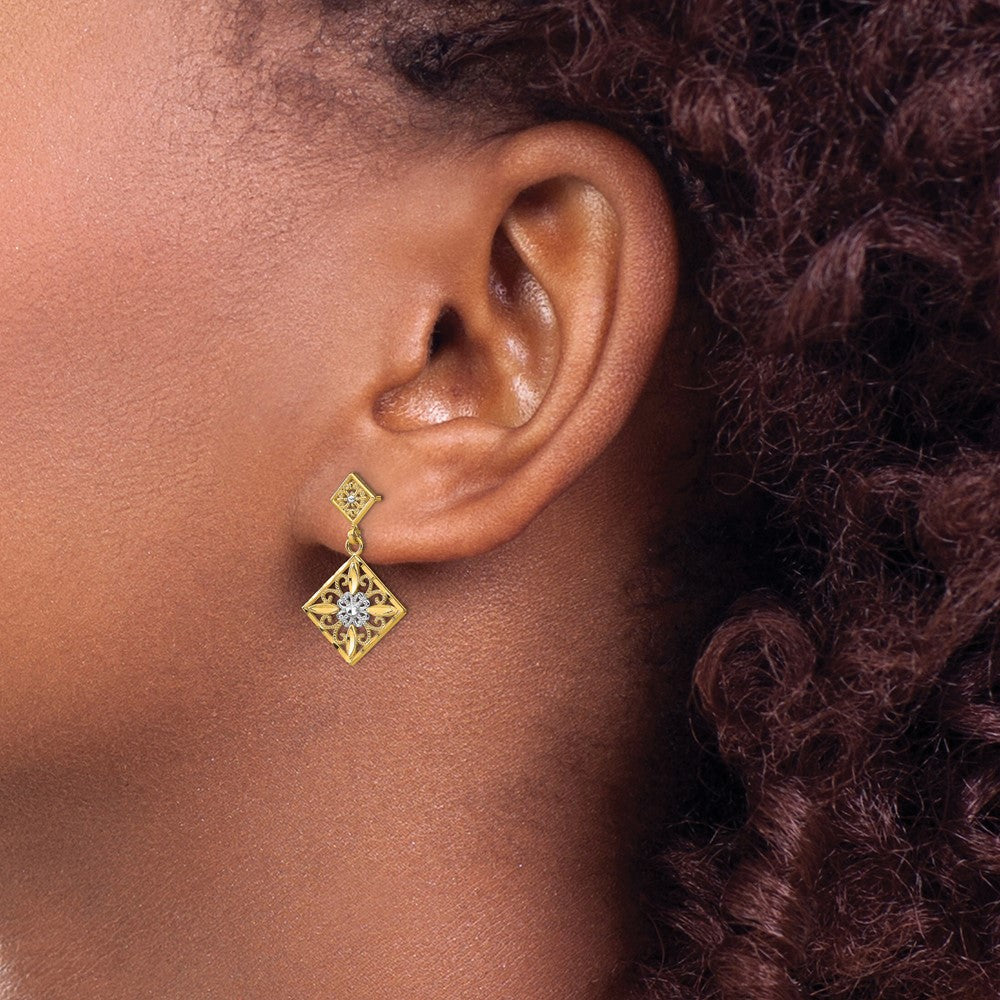 14K Yellow & Rhodium W/Rhodium D/C Square Filigree Dangle Earrings