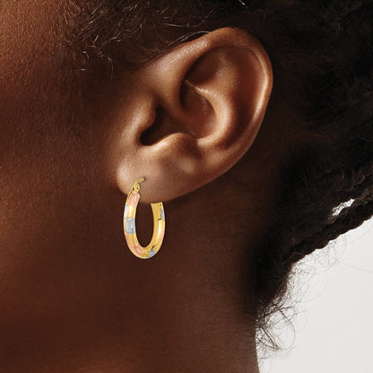 14K Yellow & Rhodium W/White And Rose Polished Satin Diamond-Cut Hoop Earrings