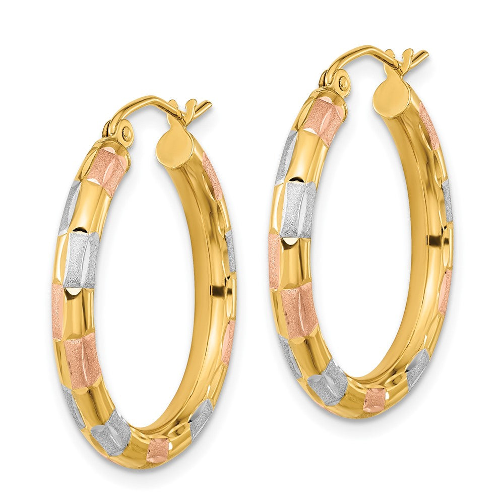 14K Yellow & Rhodium W/White And Rose Polished Satin Diamond-Cut Hoop Earrings
