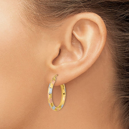 14K Yellow & Rhodium W/White And Rose Polished Satin Diamond-Cut Hoop Earrings