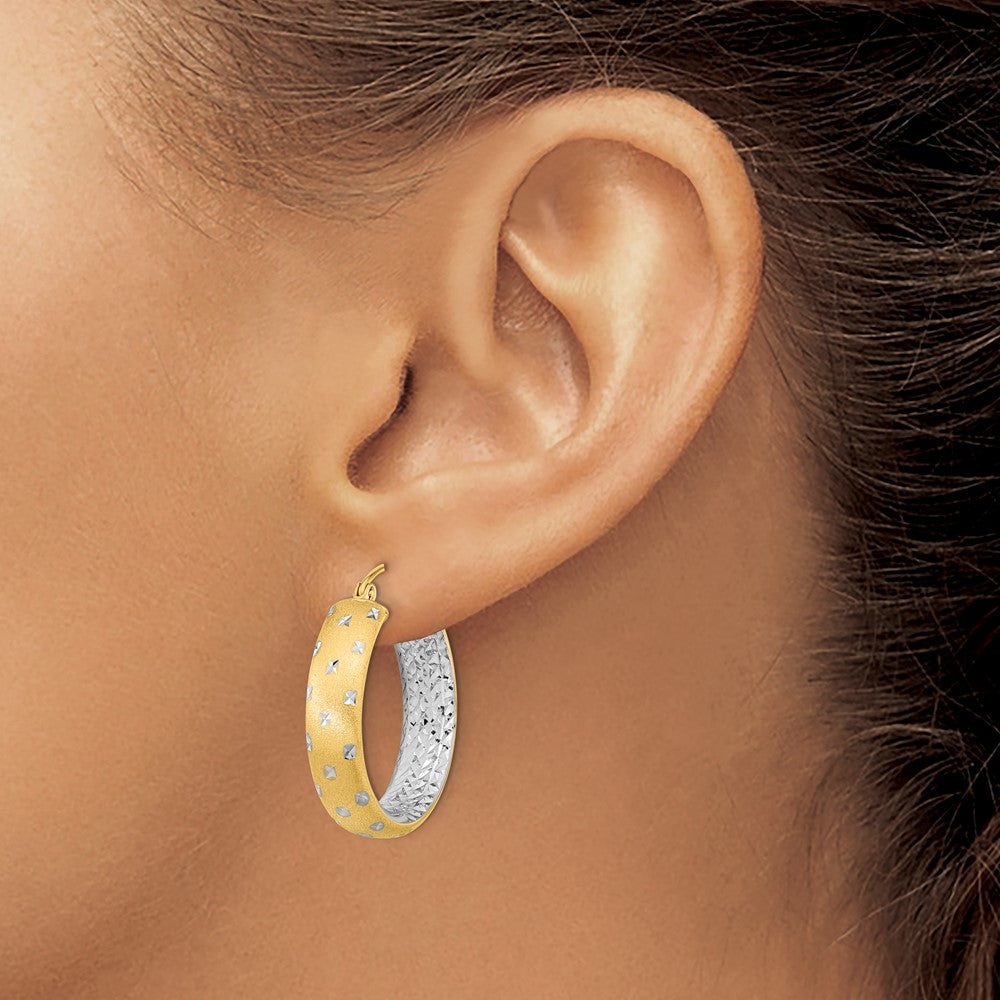 14K Yellow & Rhodium White Polished Satin Diamond-Cut In/Out Hoop Earrings