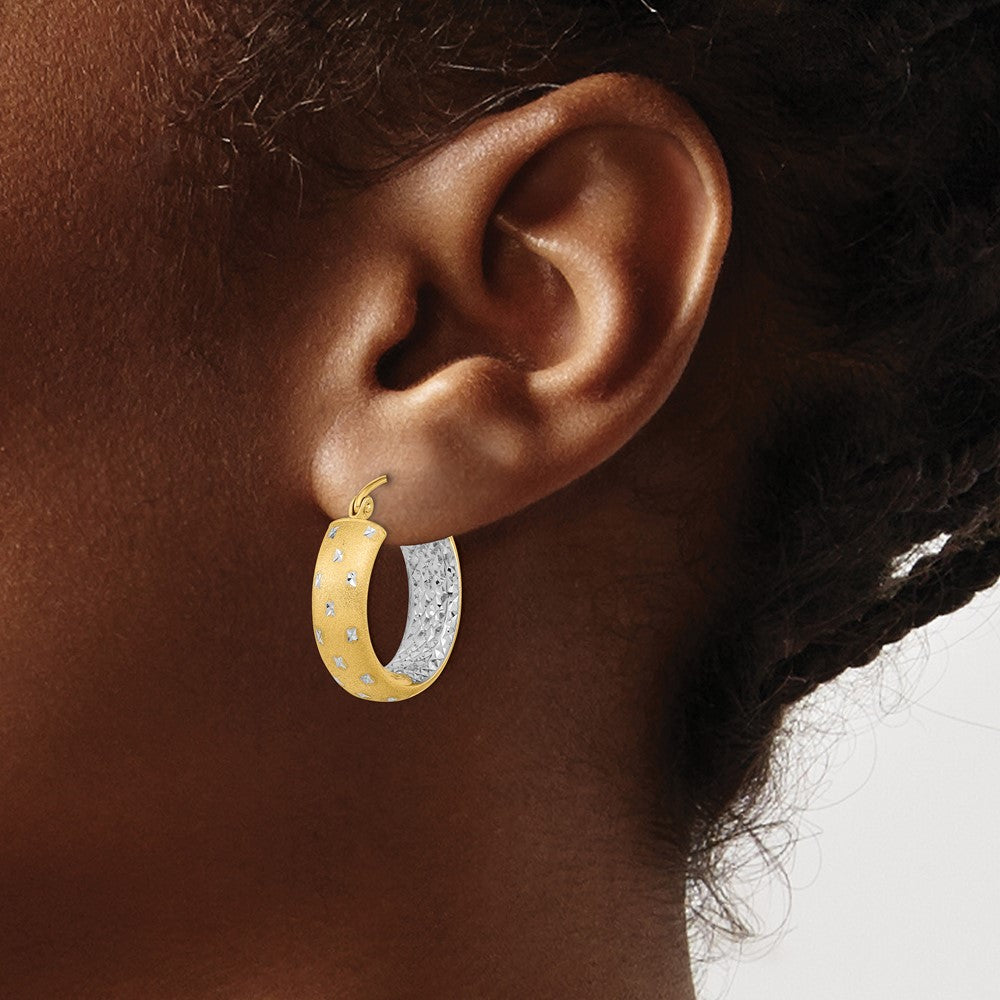 14K Yellow & Rhodium White Polished Satin Diamond-Cut In/Out Hoop Earrings