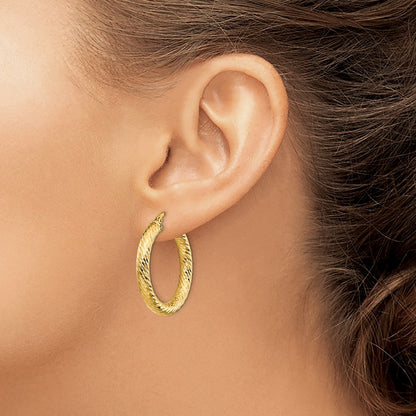 14K Yellow Gold 4X20mm Diamond-Cut Round Hoop Earrings
