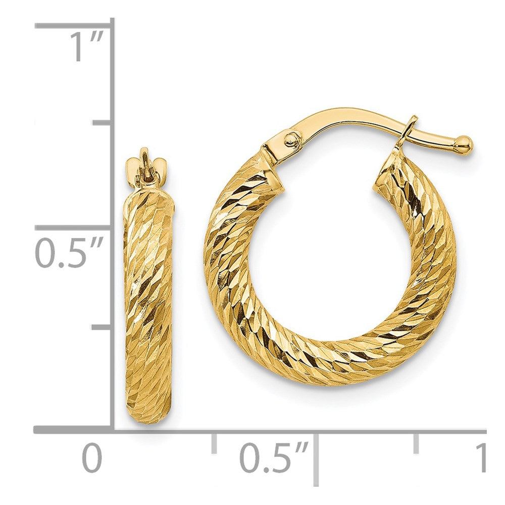 14K Yellow Gold 3X10mm Diamond-Cut Round Hoop Earrings