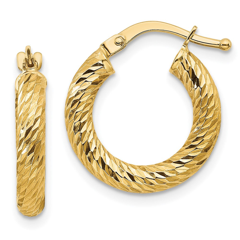 14K Yellow Gold 3X10mm Diamond-Cut Round Hoop Earrings