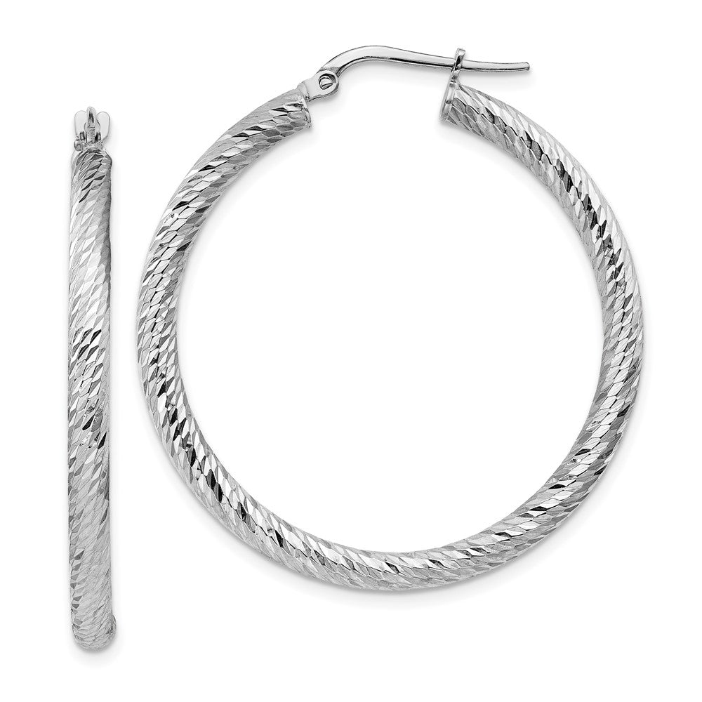 14K White Gold 3mm Polished Diamond-Cut Round Hoop Earrings