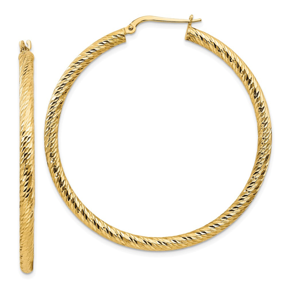 14K Yellow Gold 3X40mm Diamond-Cut Round Hoop Earrings