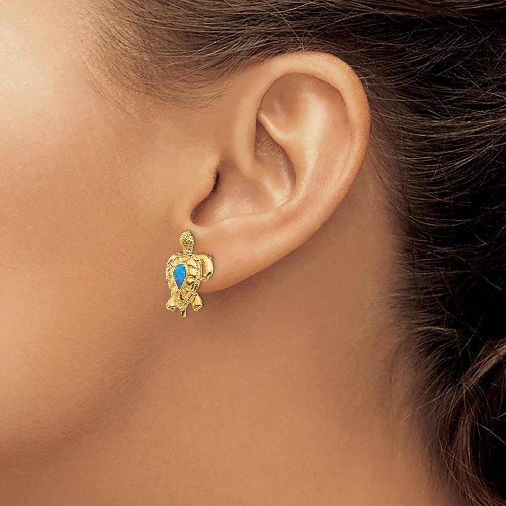 14K Yellow Gold Created Opal Turtle Post Earrings