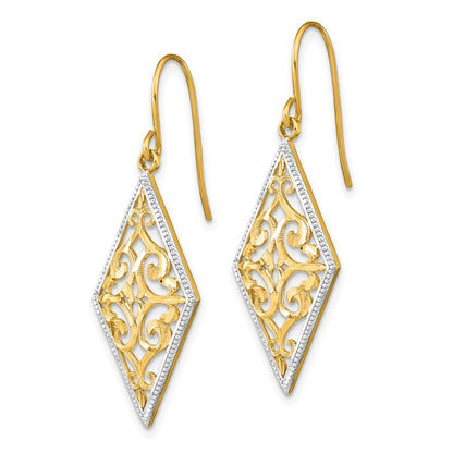14K Yellow & Rhodium W/Rhodium Diamond Shape Filigree Dangle Earrings