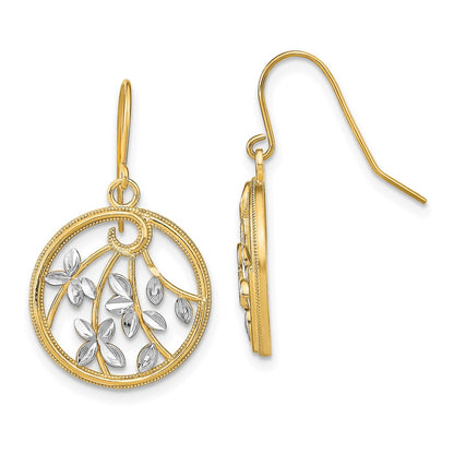 14K Yellow & Rhodium W/Rhodium D/C Leaves Round Dangle Earrings