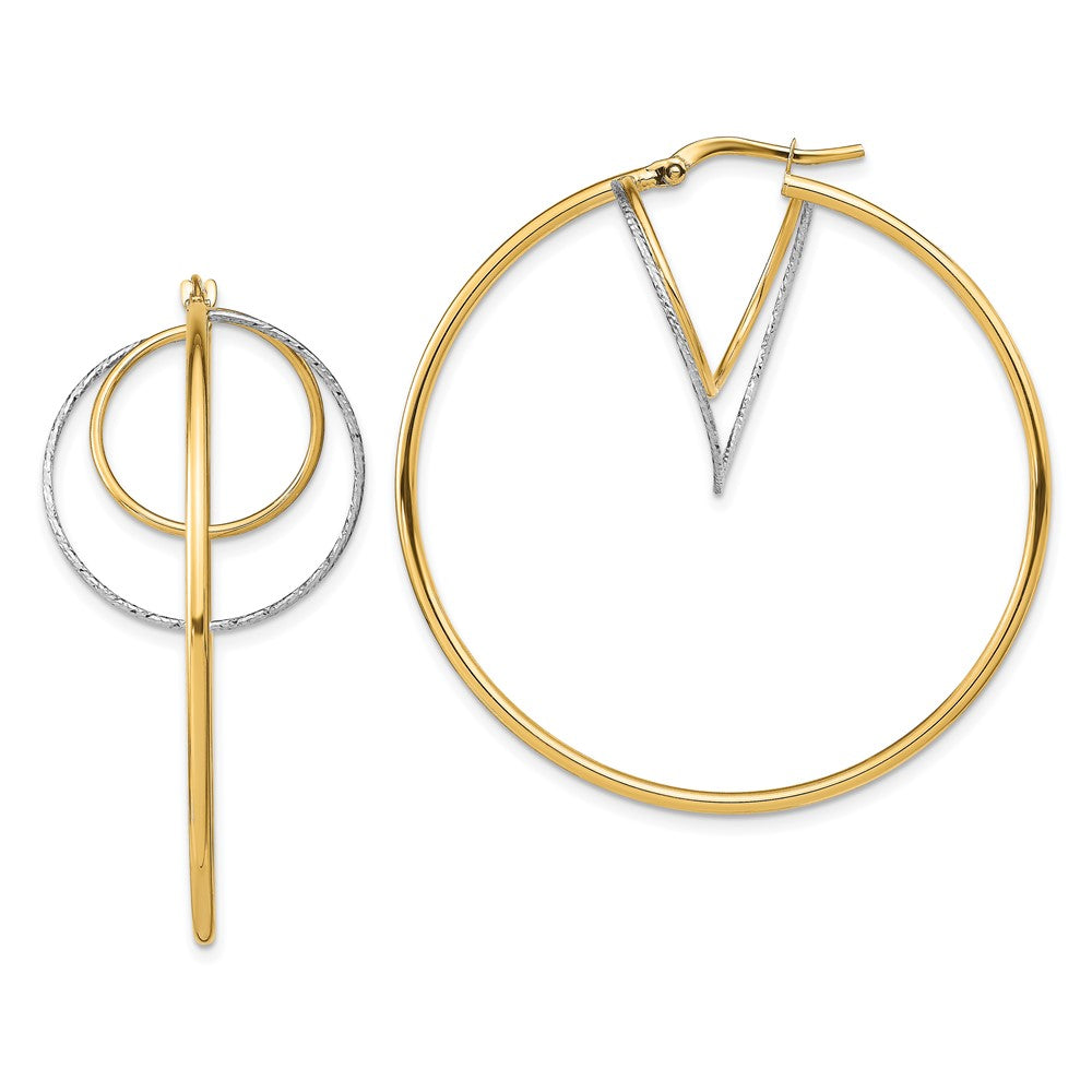 14K Yellow & Rhodium W/ White Diamond-Cut Twisted Circles Inside Hoop Earrings
