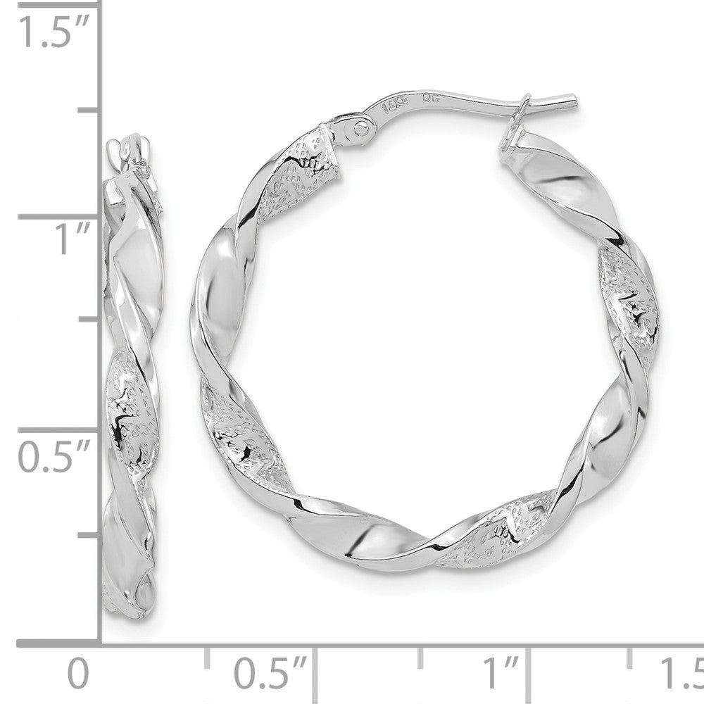 14K White Gold Polished And Textured Twisted Hoop Earrings