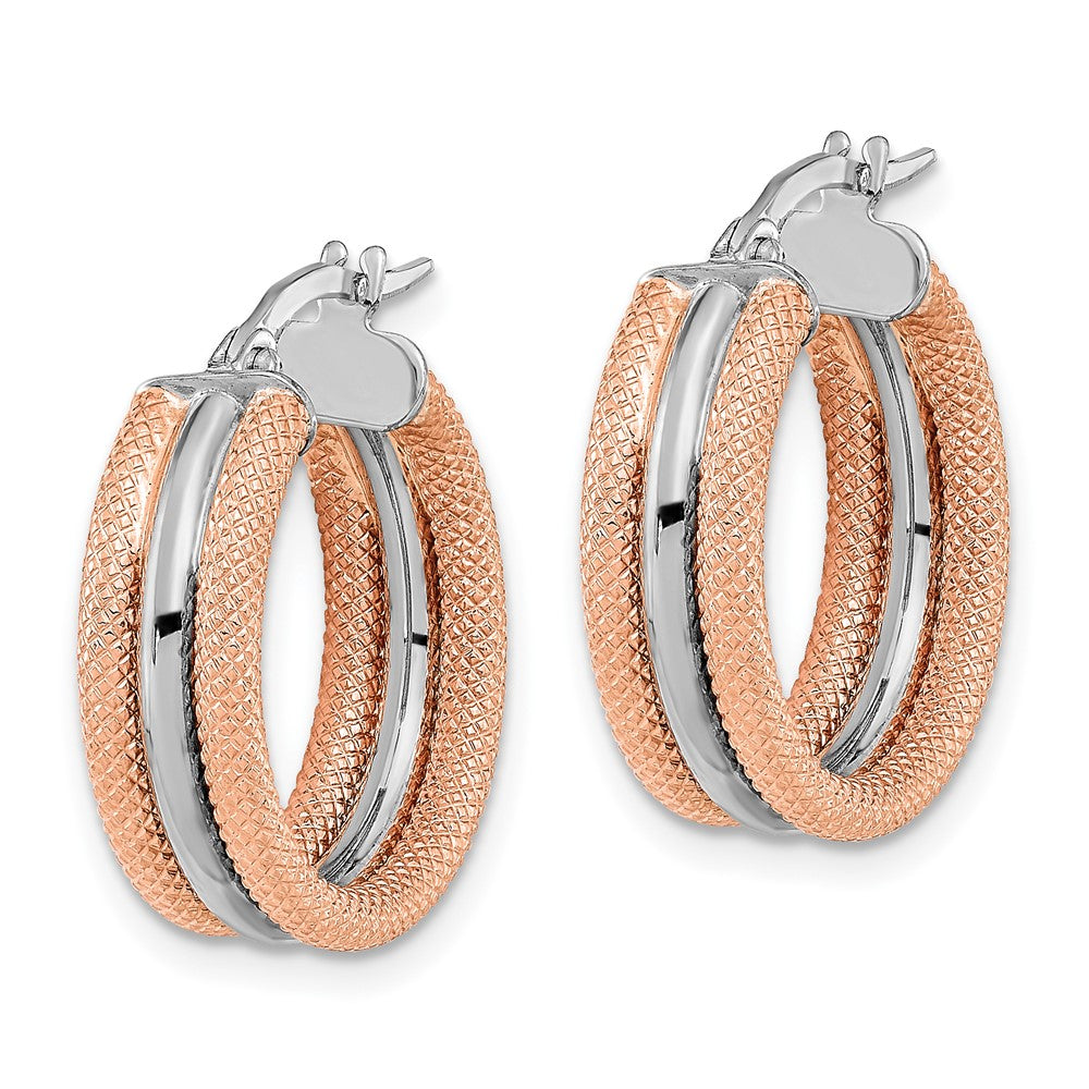 14K White Gold W/ Rose Rhodium Polished And Textured Hoop Earrings ...