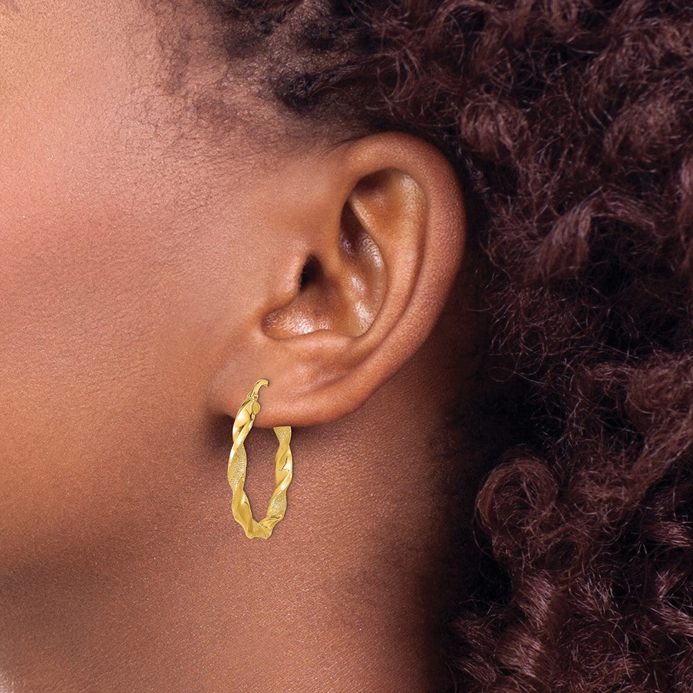 14K Yellow Gold Polished And Textured Twisted Hoop Earrings