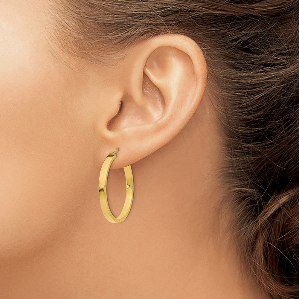 14K Yellow Gold Diamond Cut Edge Large 3mm Polished Hoop Earrings