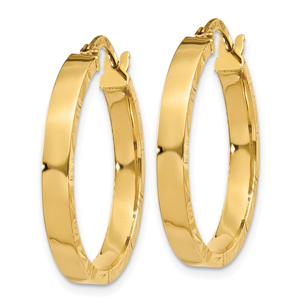 14K Yellow Gold Diamond Cut Edge Medium 3mm Polished Hoop Earrings