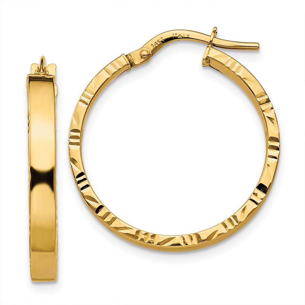 14K Yellow Gold Diamond Cut Edge Medium 3mm Polished Hoop Earrings