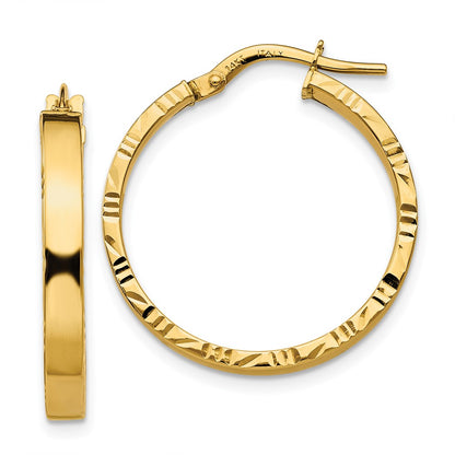 14K Yellow Gold Diamond Cut Edge Medium 3mm Polished Hoop Earrings
