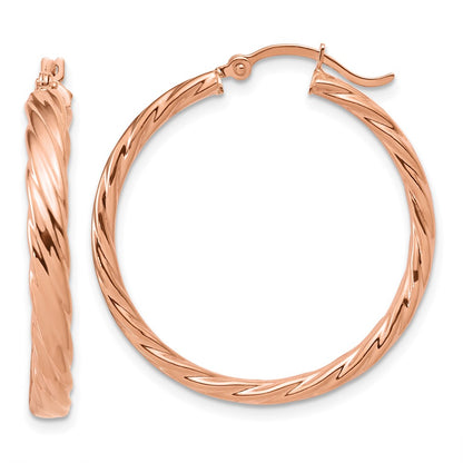 14K Rose Gold Large 3mm Patterned Hoop Earrings