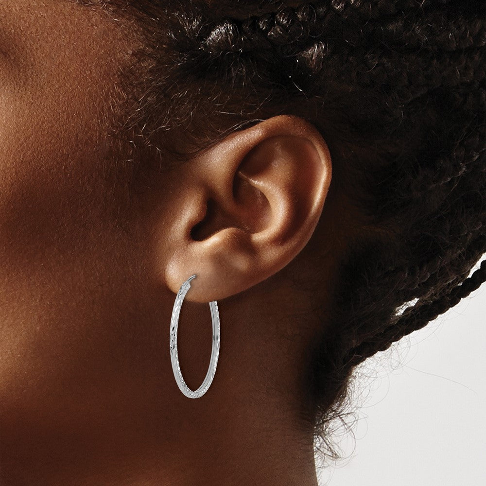 14K White Gold Diamond-Cut Square Tube Endless Hoop Earrings