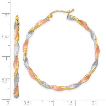 14K Yellow & Rhodium White Rose Satin Twisted Hoop Earrings