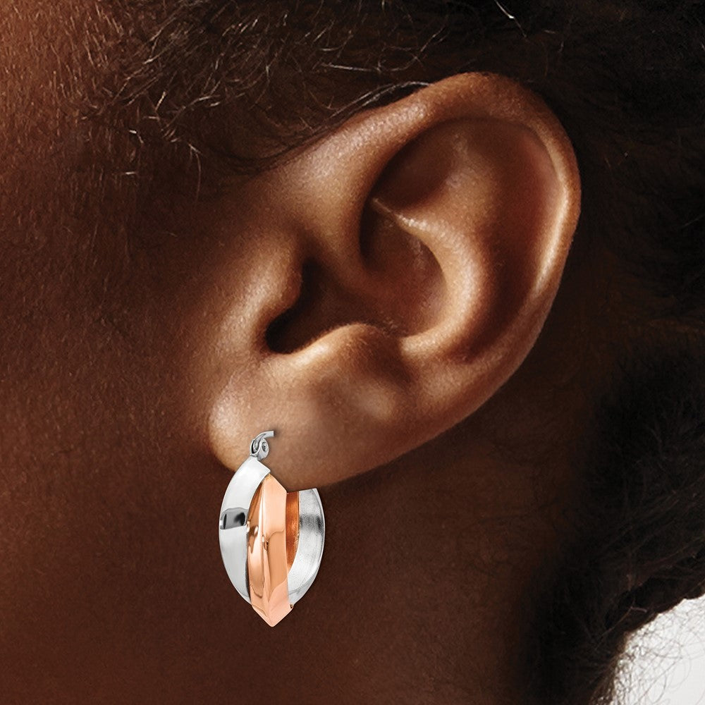 14K Two-Tone Rose And White Gold Polished Oval Hoop Earrings