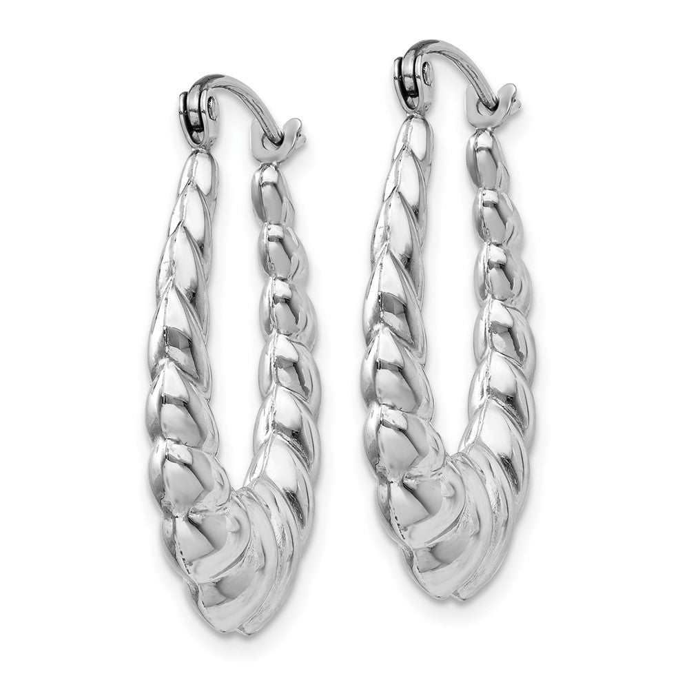 14K White Gold Polished And Textured Oval Hoop Earrings