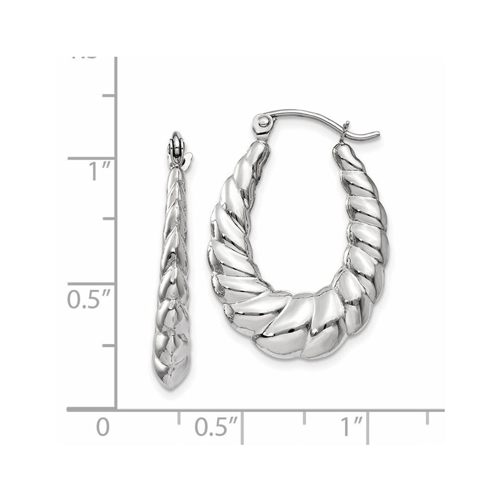 14K White Gold Polished And Textured Oval Hoop Earrings