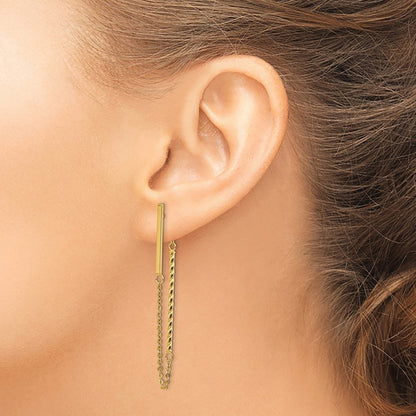14K Yellow Gold Polished And Twisted Bar W/Chain Post Earrings