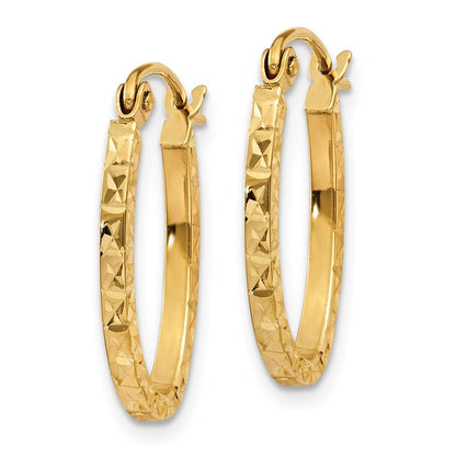 14K Yellow Gold Diamond Cut Oval Hollow Hoop Earrings