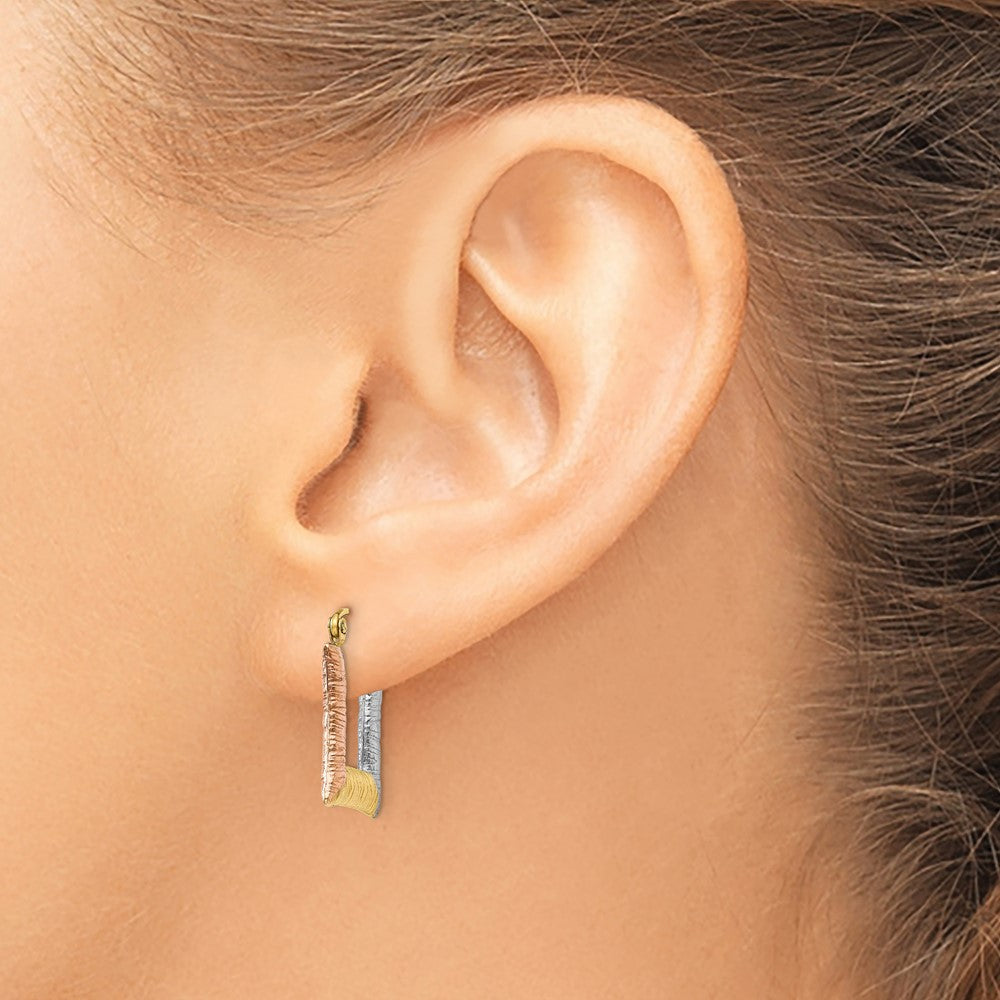 14K Yellow & Rhodium White Rose Hollow Textured Square Hoop Earrings