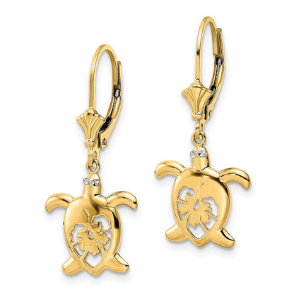 14K Yellow & Rhodium White D/C Floral Turtle Leverback Earrings