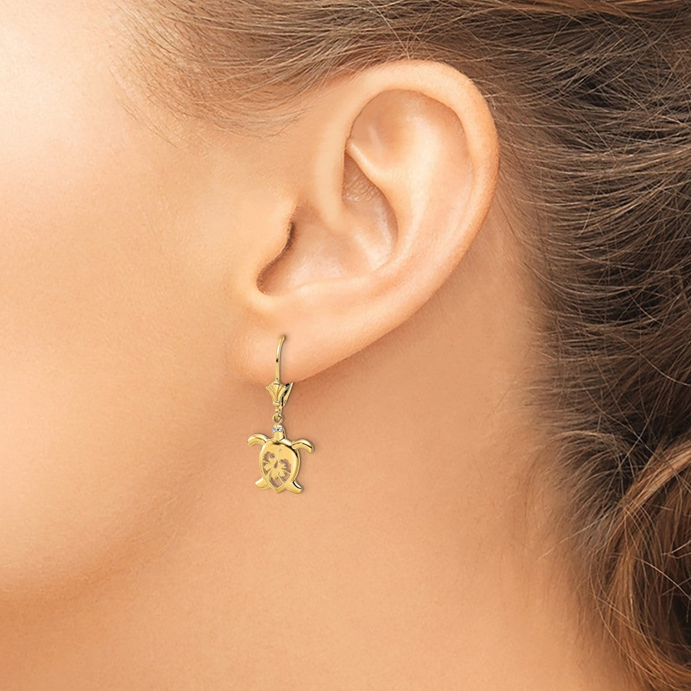 14K Yellow & Rhodium White D/C Floral Turtle Leverback Earrings