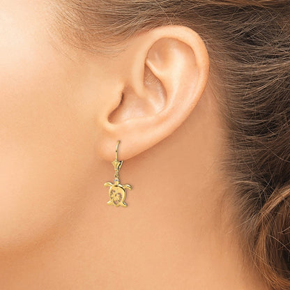 14K Yellow & Rhodium White D/C Floral Turtle Leverback Earrings
