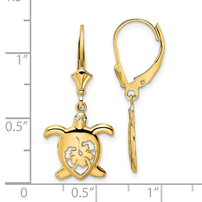 14K Yellow & Rhodium White D/C Floral Turtle Leverback Earrings