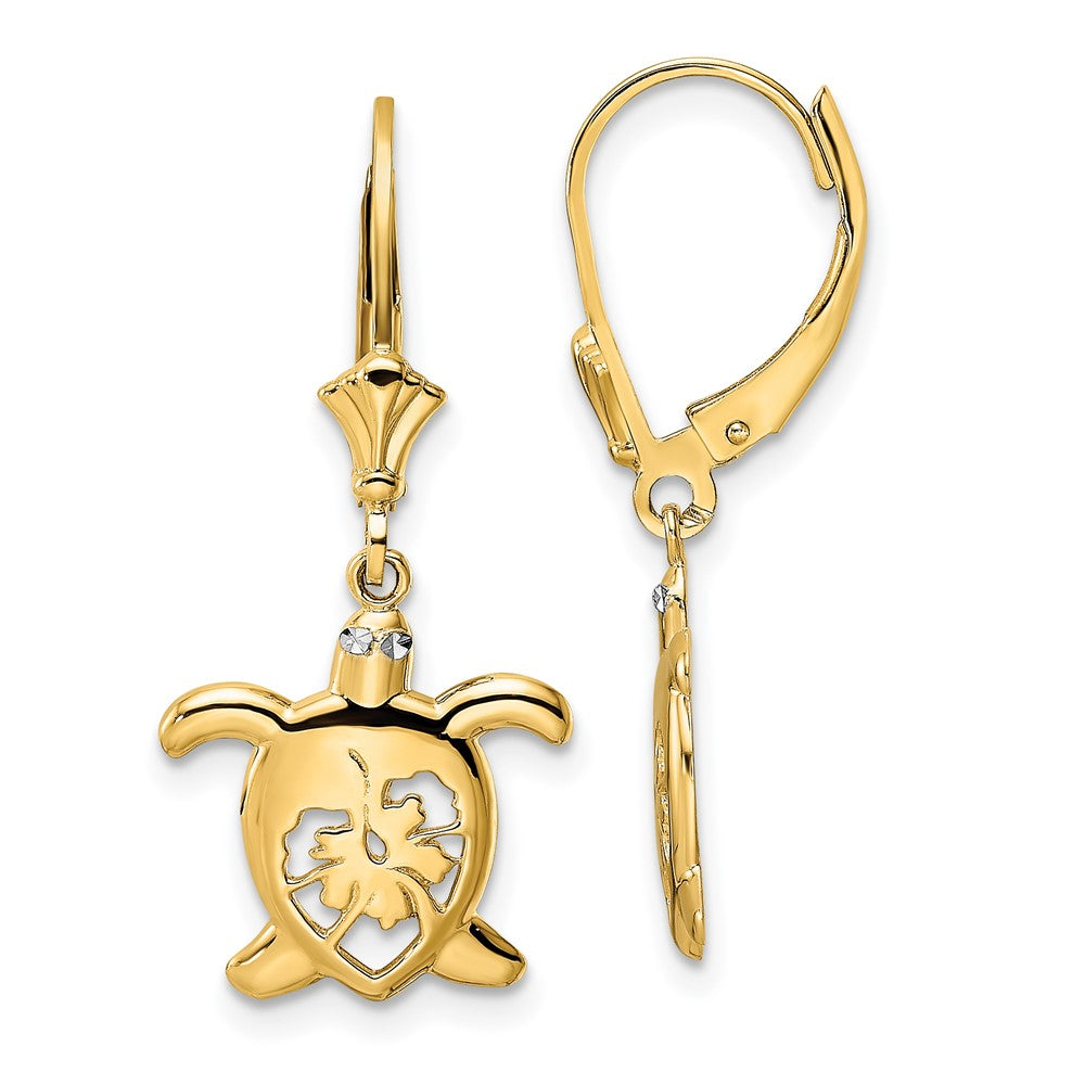 14K Yellow & Rhodium White D/C Floral Turtle Leverback Earrings
