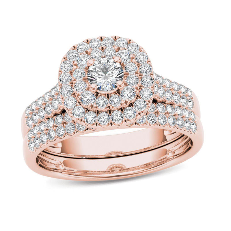 1 CT. T.W. Diamond Double Frame Multi-Row Bridal Set in 14K Rose Gold