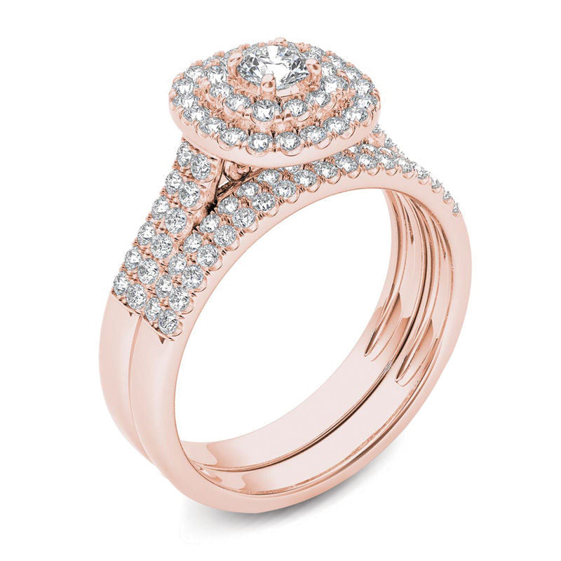 1 CT. T.W. Diamond Double Frame Multi-Row Bridal Set in 14K Rose Gold