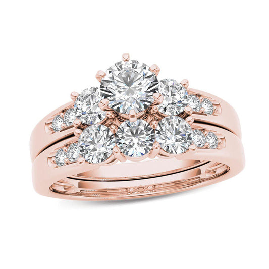 1-1/2 CT. T.W. Diamond Three Stone Bridal Engagement Ring Set in 14K Rose Gold