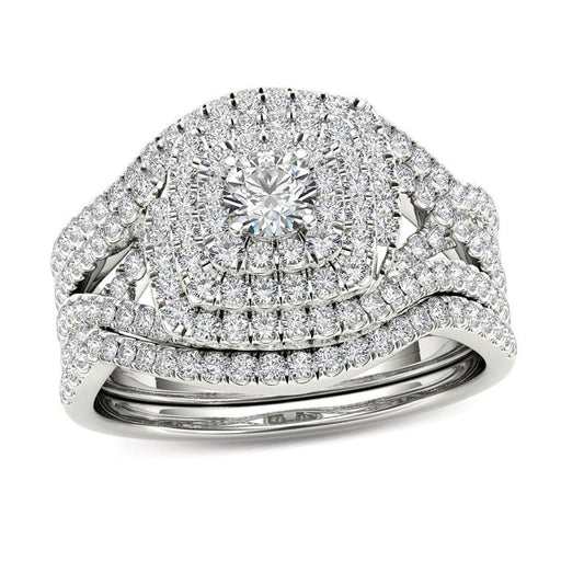 1 CT. T.W. Diamond Cushion Frame Split Shank Three Piece Bridal Engagement Ring Set in 14K White Gold