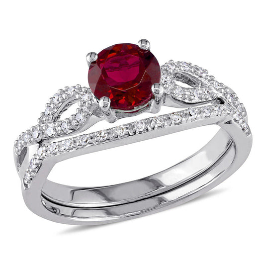 6.0mm Lab-Created Ruby and 1/8 CT. T.W. Diamond Twist Shank Bridal Engagement Ring Set in 14K White Gold
