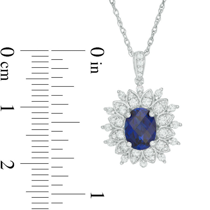 Oval Lab-Created Blue and White Sapphire Floral Frame Pendant in Sterling Silver