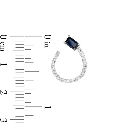 Sideways Emerald-Cut Blue Sapphire and 0.2 CT. T.W. Diamond Loop Drop Earrings in 14K White Gold