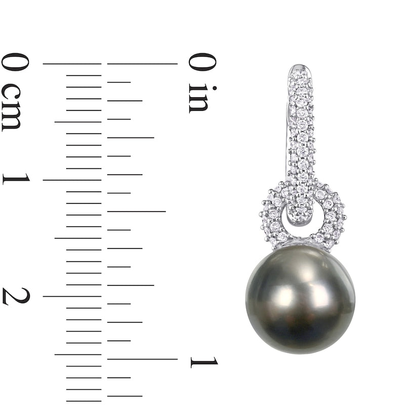 9.0-9.5mm Black Cultured Tahitian Pearl and 0.5 CT. T.W. Diamond Huggie Hoop Earrings in 14K White Gold
